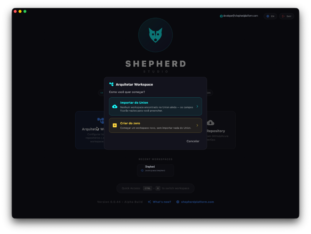 Shepherd Studio Workspace Launcher Modal with Shepherd Union Integration